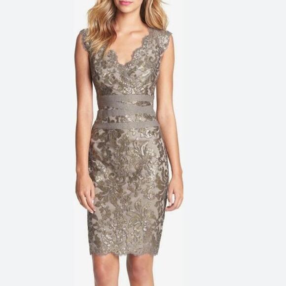 Tadashi Shoji Paillette Embroidered Banded Sheath Dress 4 Lace Sequin Wedding - Picture 5 of 10